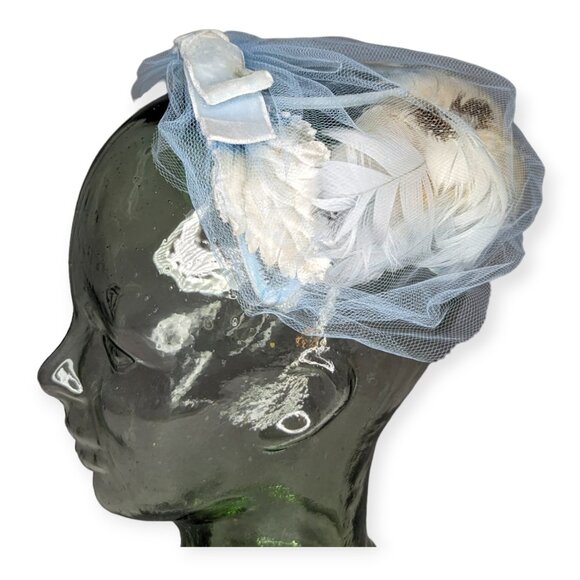 Vintage Light Blue with Feathers & Net Pinch Hat - Picture 4 of 9